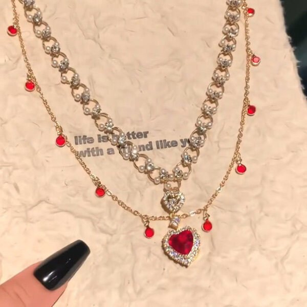 Women's Red Love Pearl Twin Necklace - Image 6