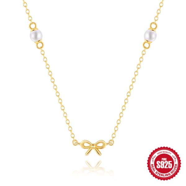 S925 Sterling Silver Simple Pearl Bow Twin Clavicle Chain Necklace - Image 4