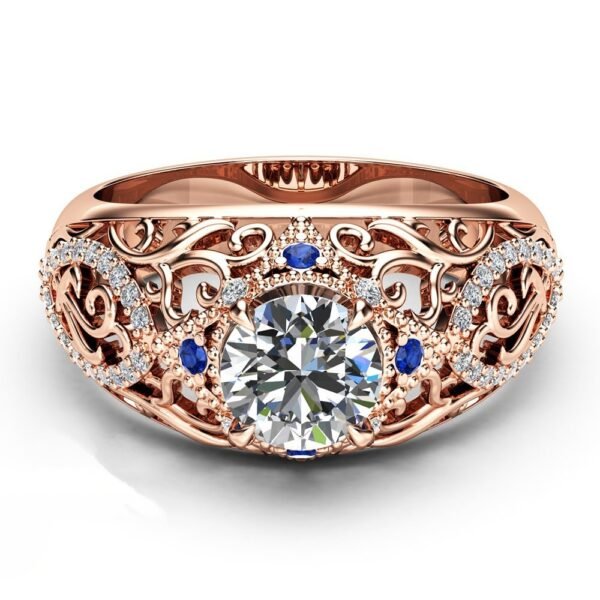 European And American Wish New Luxury Rose Gold Ladies Ring, Hollow Flower Inlaid Zircon Blue Gemstone Jewelry - Image 2