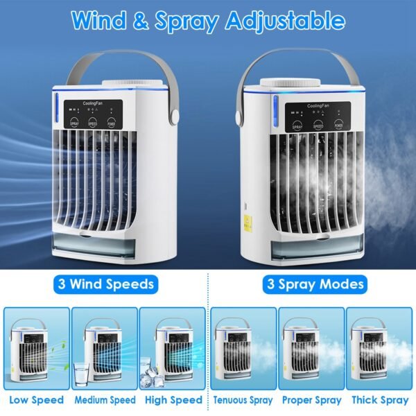 Portable Air Conditioner Fan Evaporative Humidifier 3 Speed Spray Personal Cold Mist Air Cooler Desk Table Fan Water Tank Night Light Adjustable Angel Room Home Office - Image 9