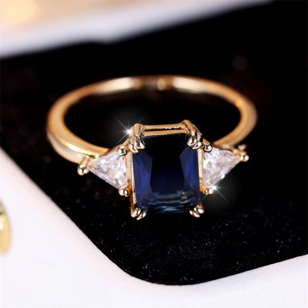 Women's Gold Sapphire Blue Rectangular Ring - Image 6