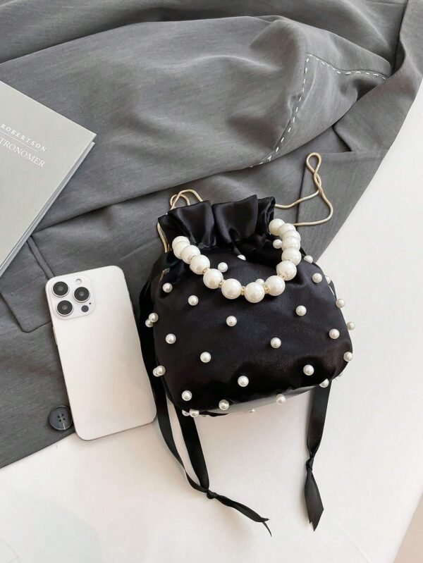 Women's Pleated Silk Pearl Chain Bucket Bag - Image 3