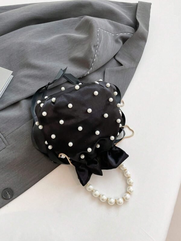 Women's Pleated Silk Pearl Chain Bucket Bag - Image 6