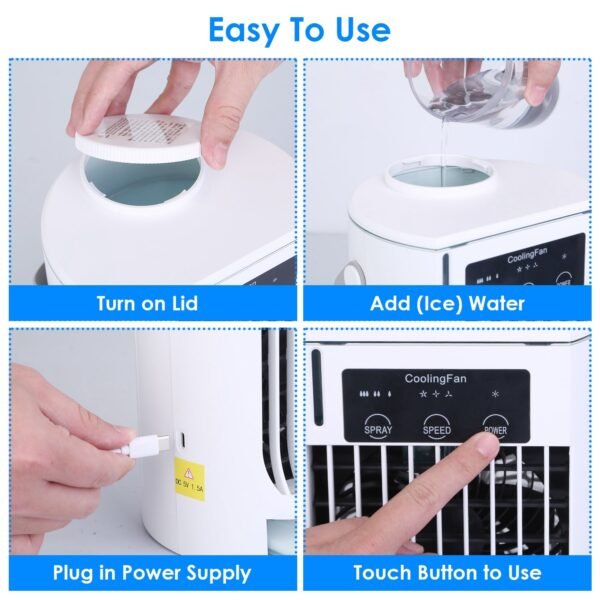 Portable Air Conditioner Fan Evaporative Humidifier 3 Speed Spray Personal Cold Mist Air Cooler Desk Table Fan Water Tank Night Light Adjustable Angel Room Home Office - Image 2