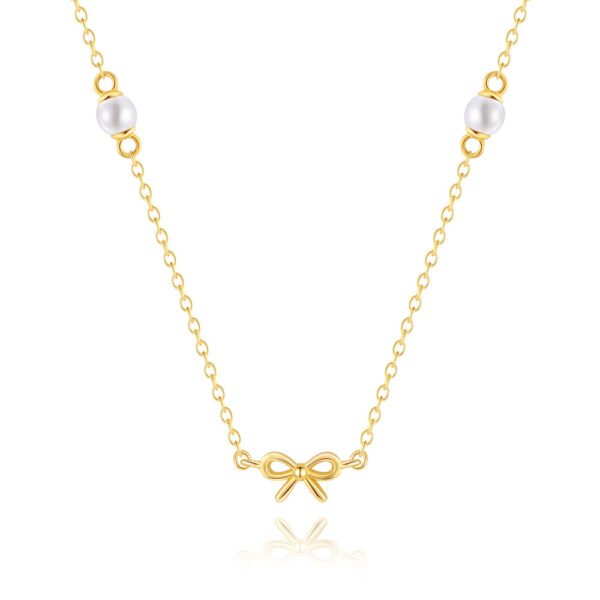 S925 Sterling Silver Simple Pearl Bow Twin Clavicle Chain Necklace - Image 6