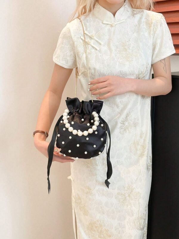Women's Pleated Silk Pearl Chain Bucket Bag - Image 2