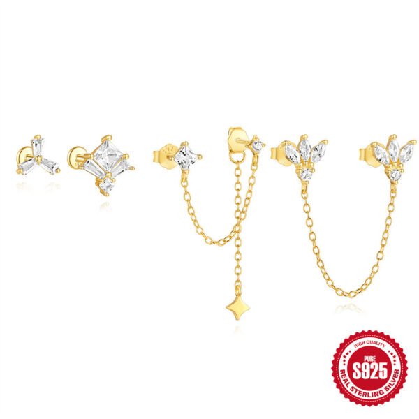 New S925 Sterling Silver Double Ear Piercings Zircon Chain Stud Earrings - Image 8