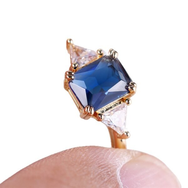 Women's Gold Sapphire Blue Rectangular Ring - Image 3