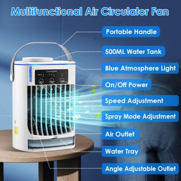 Portable Air Conditioner Fan Evaporative Humidifier 3 Speed Spray Personal Cold Mist Air Cooler Desk Table Fan Water Tank Night Light Adjustable Angel Room Home Office - Image 8