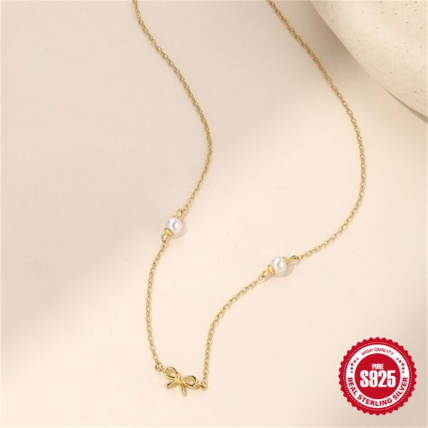 S925 Sterling Silver Simple Pearl Bow Twin Clavicle Chain Necklace - Image 5