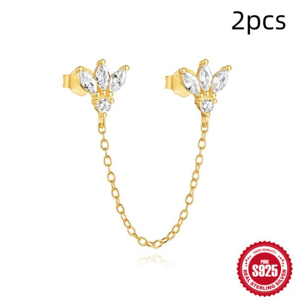 New S925 Sterling Silver Double Ear Piercings Zircon Chain Stud Earrings - Image 5