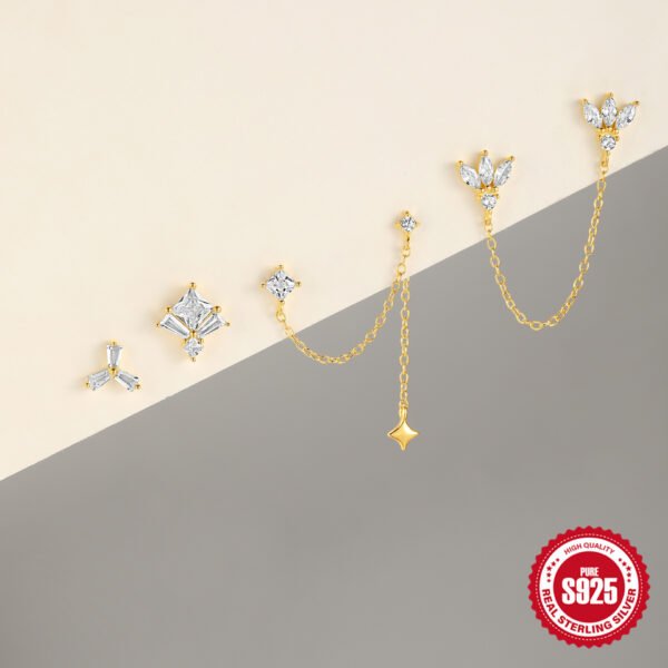 New S925 Sterling Silver Double Ear Piercings Zircon Chain Stud Earrings - Image 3