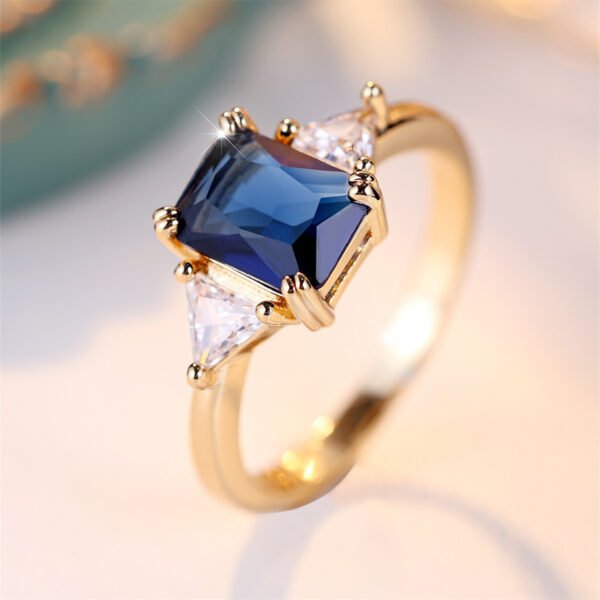 Women's Gold Sapphire Blue Rectangular Ring - Image 2