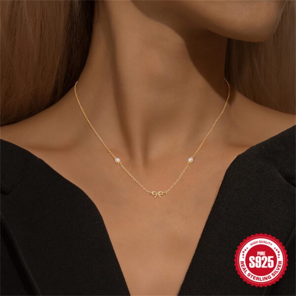 S925 Sterling Silver Simple Pearl Bow Twin Clavicle Chain Necklace - Image 3