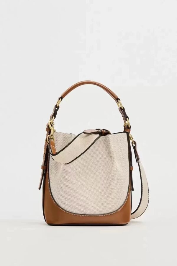 Women's Contrast Color Canvas Drawstring Bucket Bag - Image 5