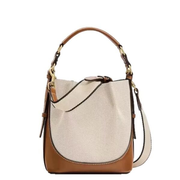 Women's Contrast Color Canvas Drawstring Bucket Bag - Image 7