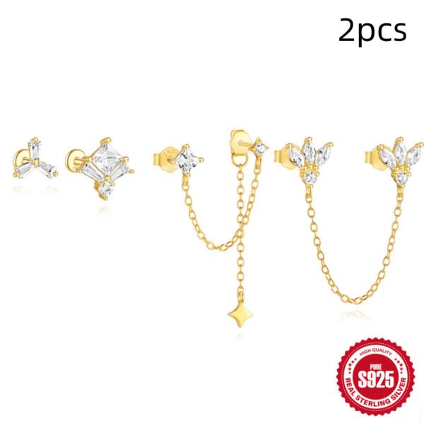 New S925 Sterling Silver Double Ear Piercings Zircon Chain Stud Earrings - Image 9