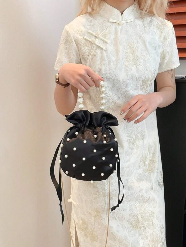 Women's Pleated Silk Pearl Chain Bucket Bag - Image 4