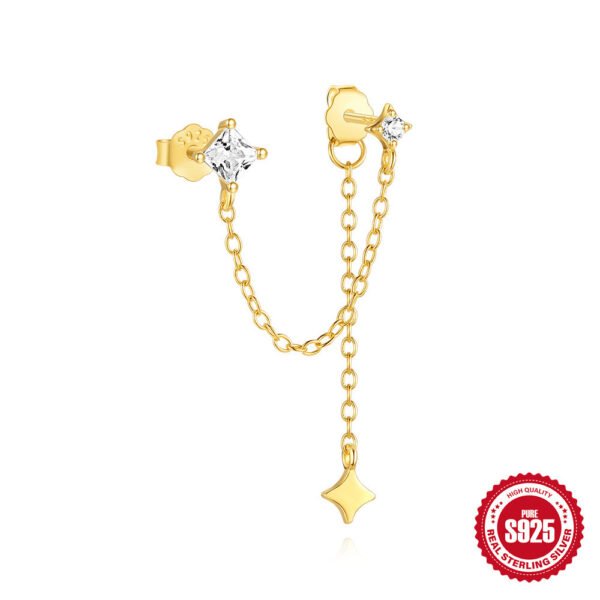 New S925 Sterling Silver Double Ear Piercings Zircon Chain Stud Earrings - Image 2