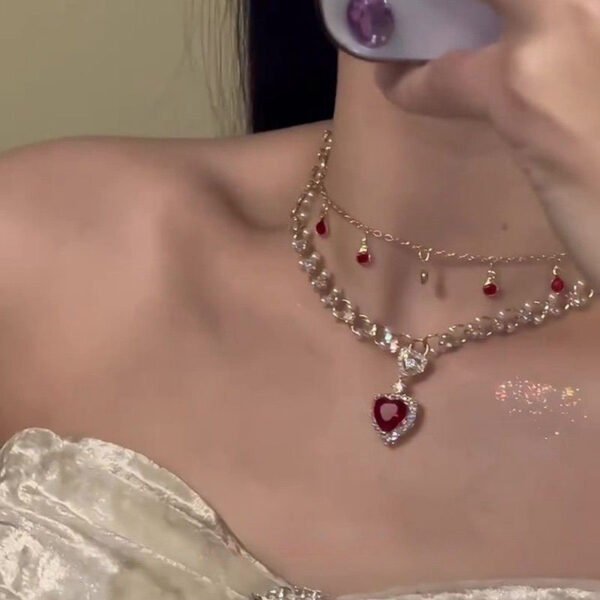 Women's Red Love Pearl Twin Necklace - Image 3
