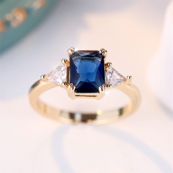Women's Gold Sapphire Blue Rectangular Ring - Image 5