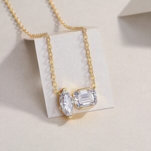 Double Diamond Shadow - Set With Two Octagonal Horse Eye Moissanite S925 Sterling Silver And Gold-plated Pendant, Fashionable Diamond Jewelry, Silver Jewelry, 3g Sterling Silver Jewelry