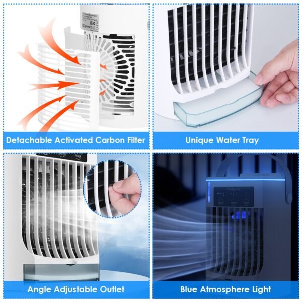 Portable Air Conditioner Fan Evaporative Humidifier 3 Speed Spray Personal Cold Mist Air Cooler Desk Table Fan Water Tank Night Light Adjustable Angel Room Home Office - Image 3