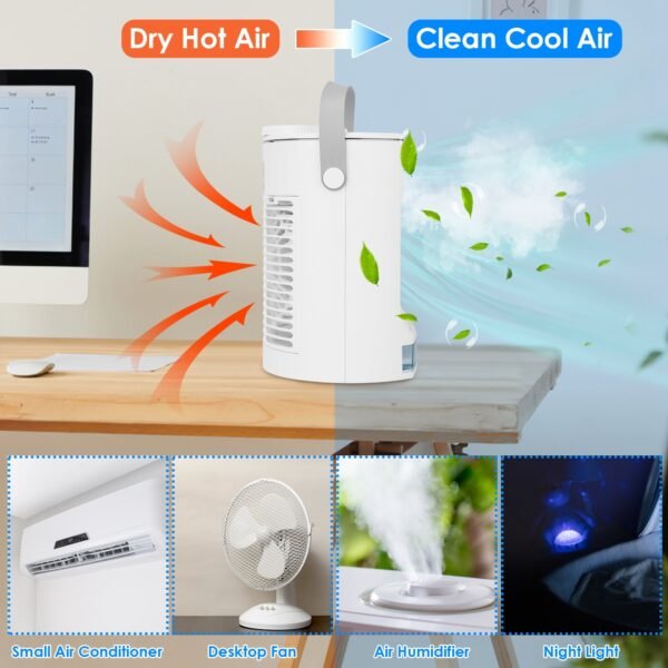 Portable Air Conditioner Fan Evaporative Humidifier 3 Speed Spray Personal Cold Mist Air Cooler Desk Table Fan Water Tank Night Light Adjustable Angel Room Home Office - Image 7