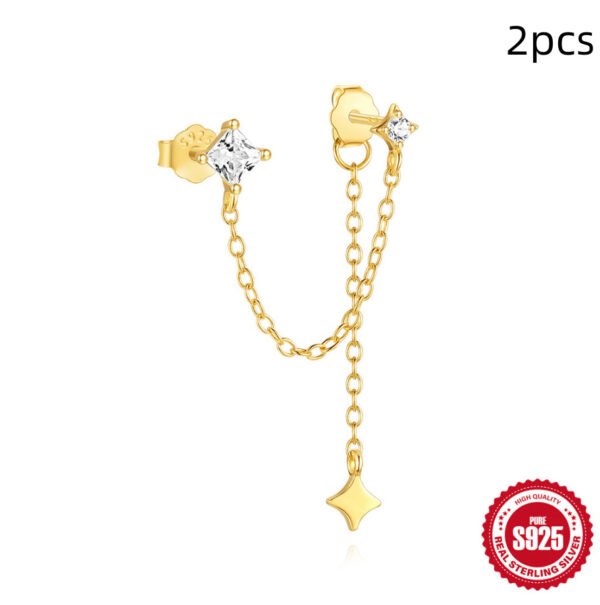 New S925 Sterling Silver Double Ear Piercings Zircon Chain Stud Earrings - Image 7
